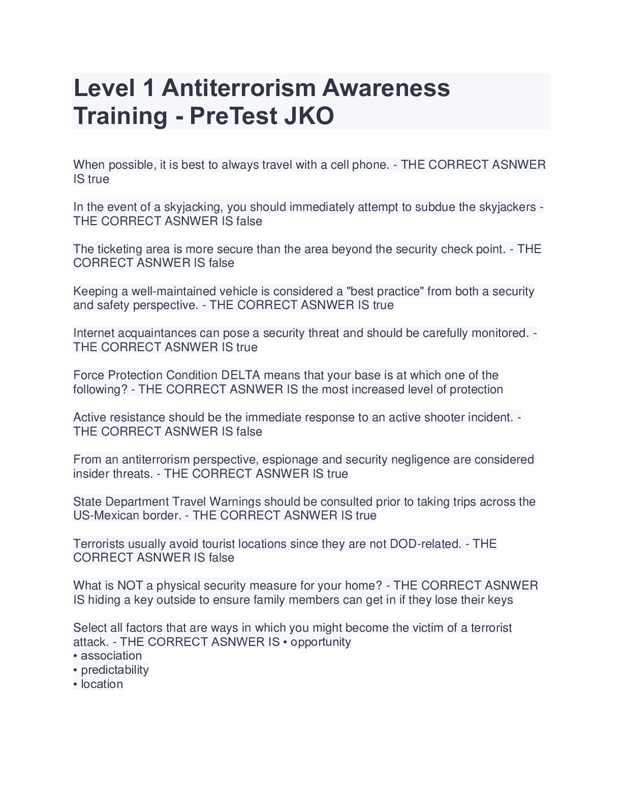 Level 1 Antiterrorism Awareness Training   PreTest JKO 